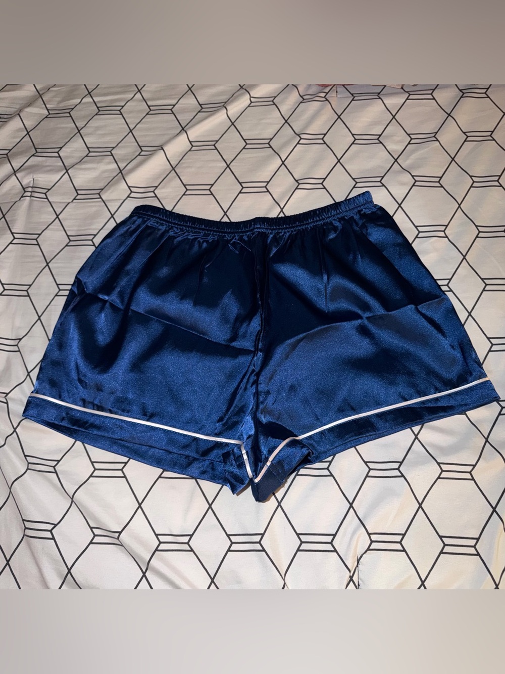 SHEIN Navy Satin High-Waist Lounge Shorts with White Piping